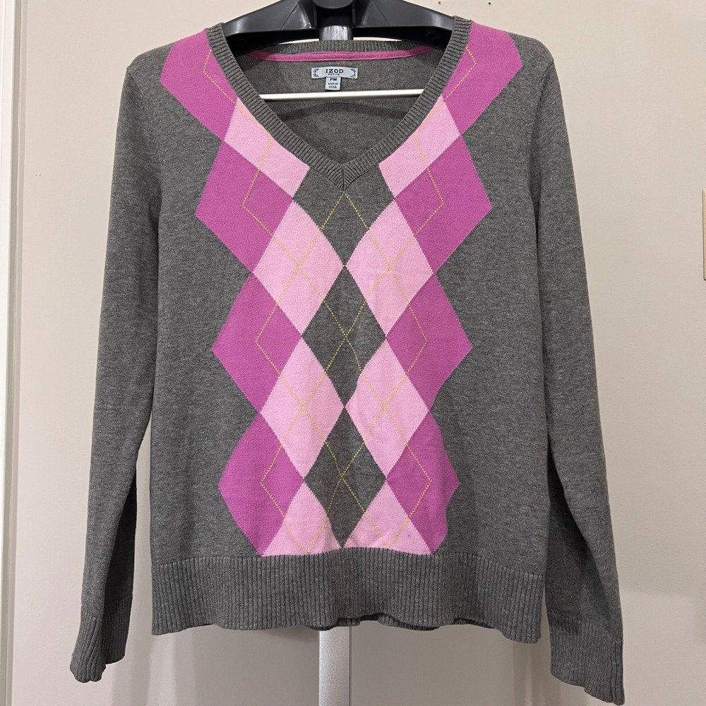 Izod Petite Womens Gray Pink Argyle V-Neck Cotton Knit Sweater PM PC-759